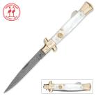 Kissing Crane Pearl Damascus Stiletto Folding Knife