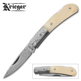 Kriegar White Bone Damascus Folding Pocket Knife