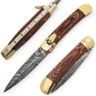 Lever Lock Rosewood Damascus Automatic Knife Brass