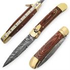 Lever Lock Rosewood Damascus Automatic Knife Brass