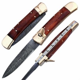 Leverlock Dark Pecan Filework Automatic Knife Damascus Dagger