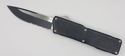 Lightning Supreme Black D/A OTF Automatic Knife Drop Point Two Tone Serrated