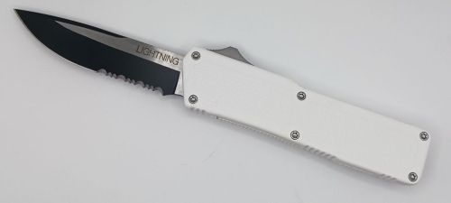 Lightning Supreme White D/A OTF Automatic Knife Drop Point Two Tone Serrated