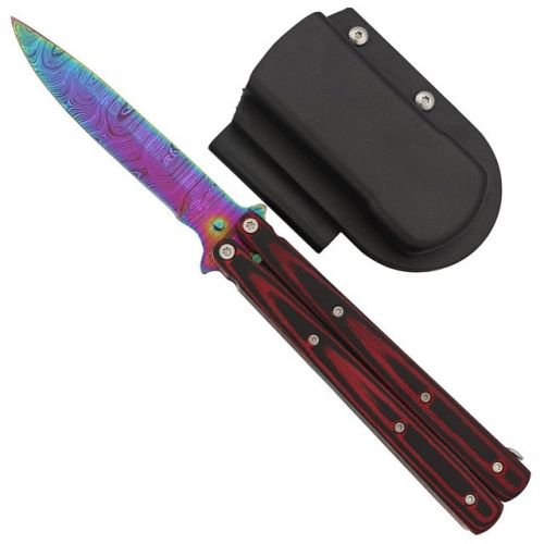Micarta Red Wood Heavy Duty Butterfly Knife Titanium Damascus