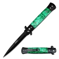 Milano 9" Stiletto Green Pearl Button Release Automatic Knife Black Bayonet