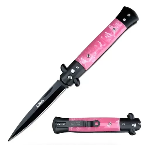 Milano 9" Stiletto Pink Pearl Button Release Automatic Knife Black Bayonet