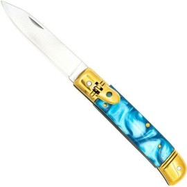 Ocean Pearl Blue Lever Lock Automatic Knife Gold Stainless