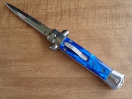 Old School 9" Blue Pearl Stiletto D/A OTF Automatic Knife Satin Bayo