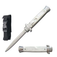 Old School 9" White Swirl Stiletto D/A OTF Automatic Knife Satin Bayo