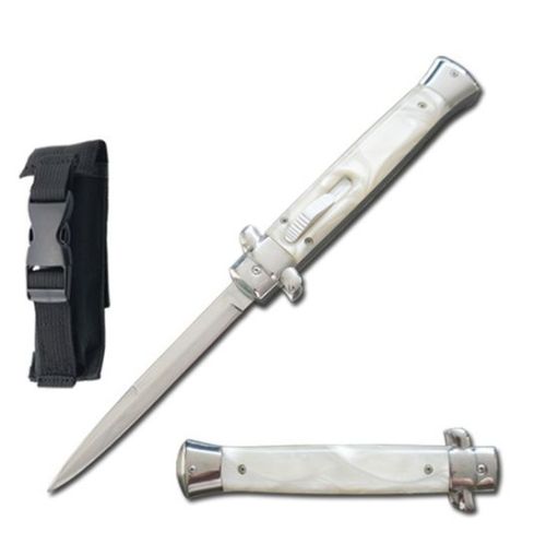 Old School 9" White Swirl Stiletto D/A OTF Automatic Knife Satin Bayo