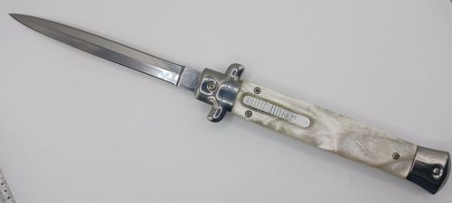 Old School Mago 11" White Pearl Stiletto D/A OTF Automatic Knife Satin Dagger