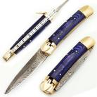 Old Style Blue Damascus Leverlock Automatic Knife
