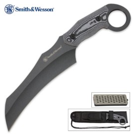 Smith And Wesson Micarta Large Recurve Fixed Blade Knife With Sharpener