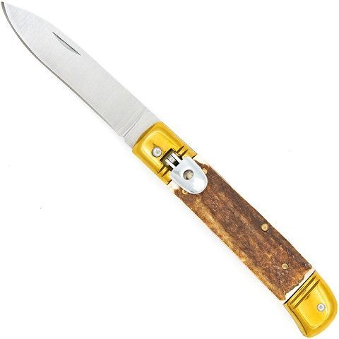 Loose Casing Automatic Lever Lock Staghorn Handle Knife with Gold Hardware