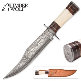 Timber Wolf Damascus Bowie Knife Camel Bone Walnut