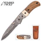 Timber Wolf Damascus Pocket Knife Walnut