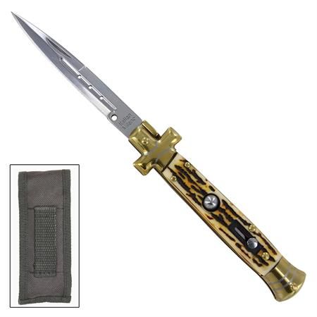 Cross 9 Inch Stag Horn Stiletto Automatic Knife Brass Bayonet Point