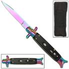8.5" Fishtail Switchblade Rainbow Black Wood Automatic Knife